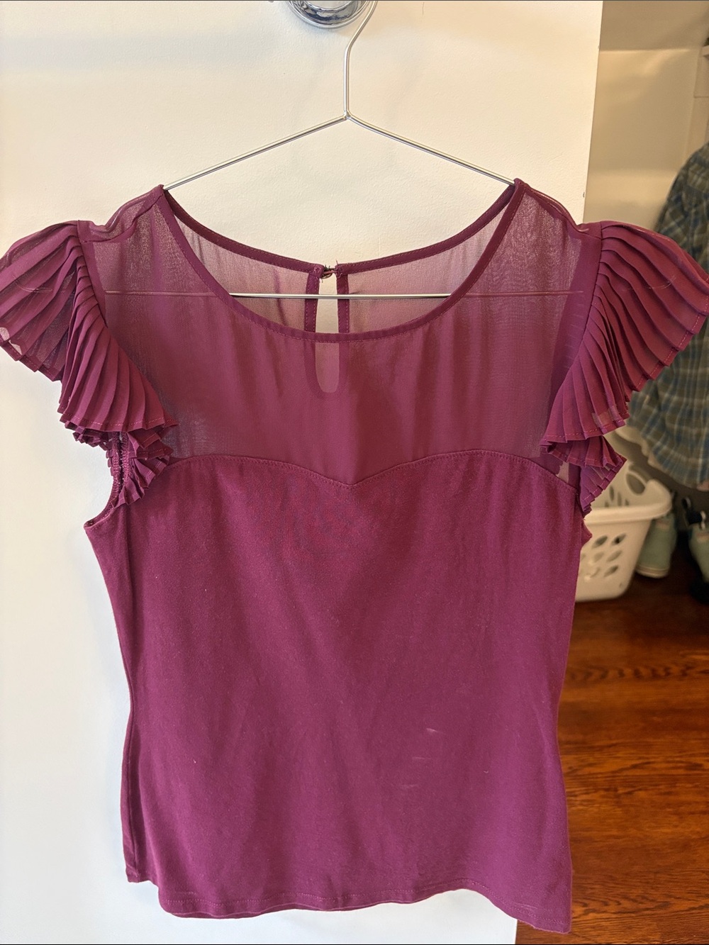 Express Pleated Sleeve Sheer Top - Plum
